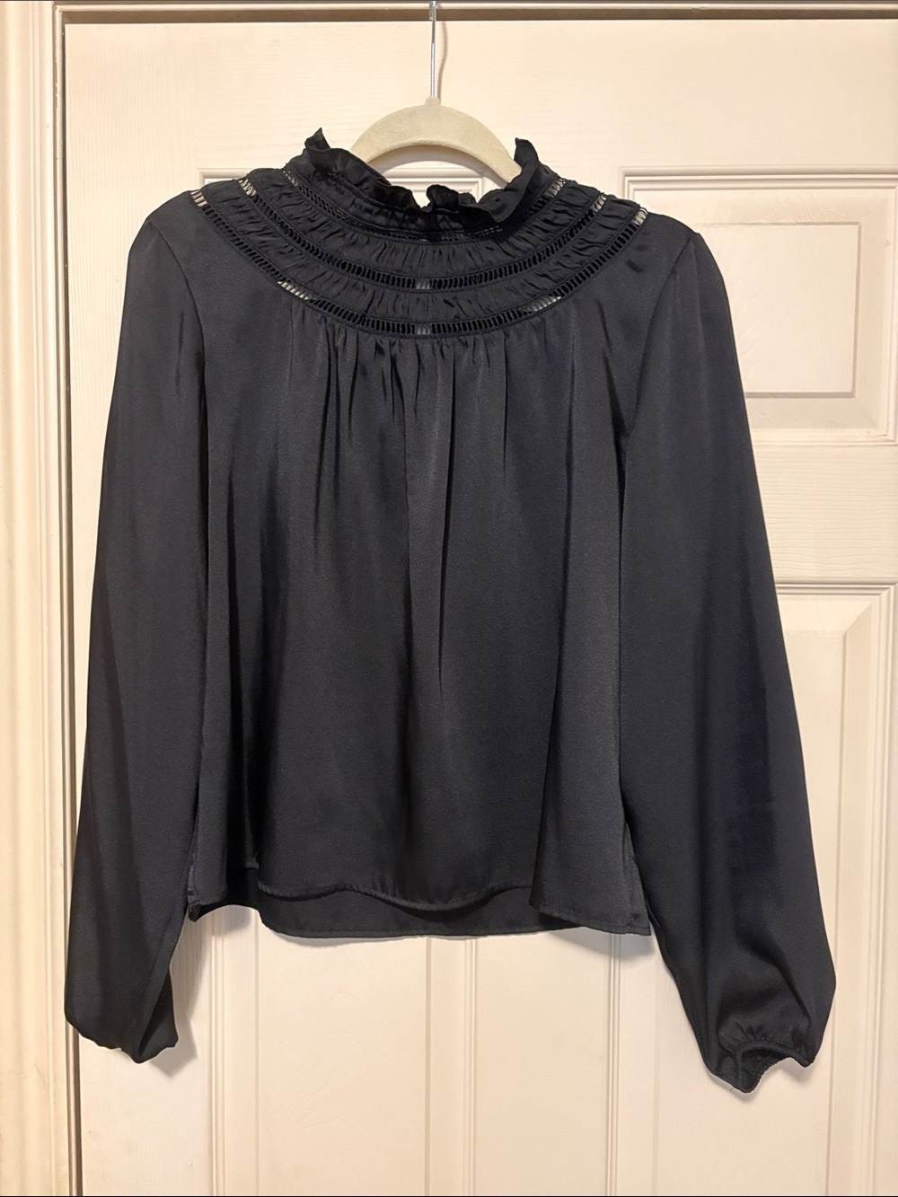 Express Black Ruffled Yoke Long-Sleeve Blouse